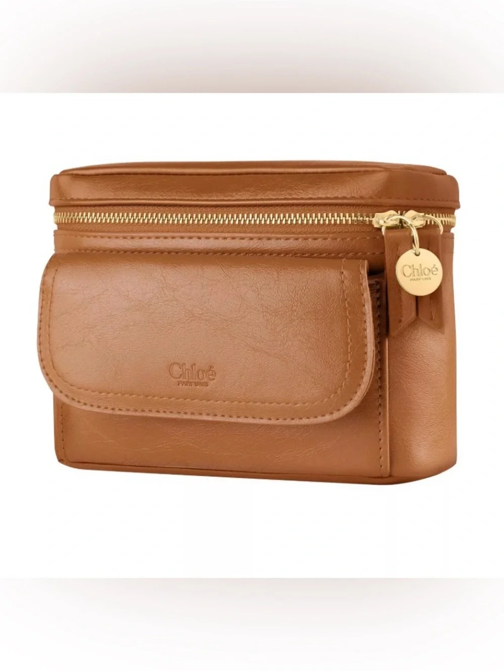 Chloe Tan Vegan Leather Cosmetic Case with Front Pocket and Gold Toned Toggle